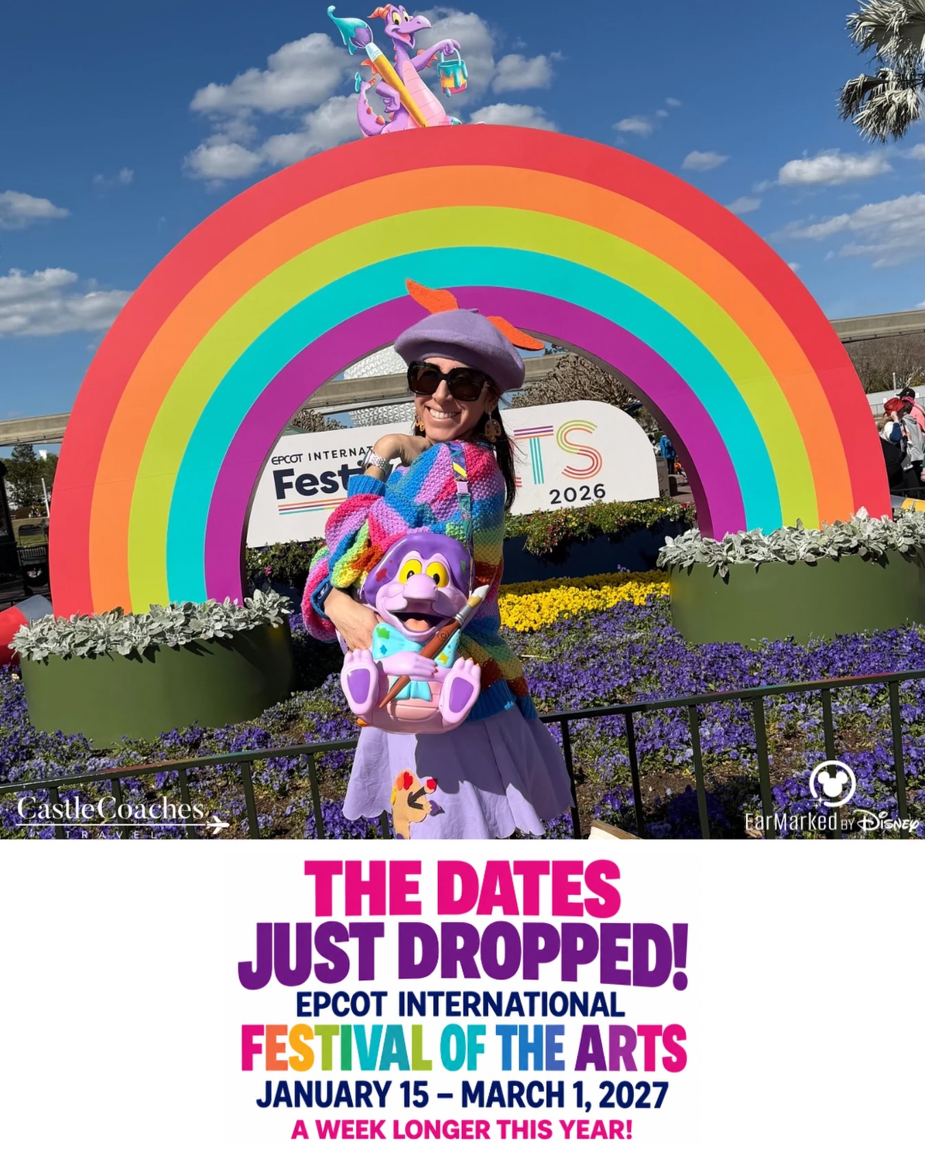 🎨 The dates are officially here! The EPCOT International Festival of the Arts returns January 15–March 1, 2027 — and this year, we’re getting an extra week of festival fun!

This is easily one of our favorite EPCOT festivals. Festival of the Arts brings together everything we love about Disney: incredible food, live entertainment, amazing artwork, interactive experiences, and plenty of opportunities to become part of the art yourself.

Throughout EPCOT, you can expect food studios featuring creative, beautifully presented dishes and drinks, Disney and visiting artists showcasing their work, interactive art displays, photo opportunities, and the always-popular DISNEY ON BROADWAY Concert Series. And, of course, you never know where our favorite purple dragon might pop up! 🎨🐉

It’s also such a fun time of year to visit Walt Disney World. Whether you’re planning a festival-focused getaway, a long weekend, or making Festival of the Arts part of a full Walt Disney World vacation, 2027 packages are available to book now.

And the timing couldn’t be better to book because Walt Disney World released several new 2027 vacation offers today for select stays January 3–July 28, 2027. That means Festival of the Arts dates are officially here and there are already opportunities to save on a 2027 vacation. Availability under Disney promotions is limited, so the earlier we can find the right resort, dates, and offer for your family, the better!

🏰 Why book your Walt Disney World vacation with Castle Coaches Travel? Our planning doesn’t stop once your reservation is booked. We help our clients navigate the entire process—including dining assistance, Lightning Lane strategy, transportation, park-day planning, personalized itineraries, and all those little details that can make a Disney vacation feel overwhelming. ✨ The best part? Our full planning services are complimentary when you book your qualifying Walt Disney World vacation package through Castle Coaches Travel.

Ready to start planning? Head to our stories for our quote request form or simply comment “FARTS” below, and we’ll reach out to help you get started! 🌈