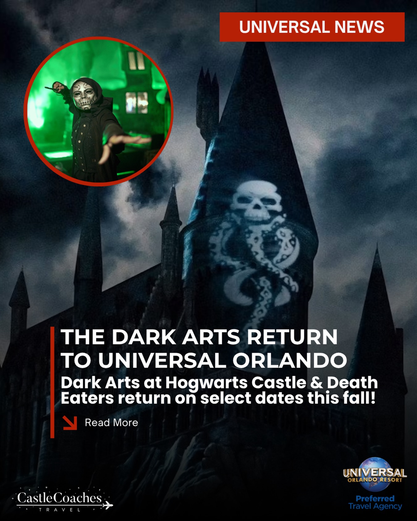 🪄 The Dark Arts are taking over Universal Orlando this fall…

🌑 Dark Arts at Hogwarts Castle returns on select nights September 5 – November 1, transforming Hogwarts with stunning projection effects and an unforgettable soundtrack.

💀 Plus, Death Eaters will once again roam Diagon Alley on select dates August 27 – November 1.

If a fall Universal Orlando vacation has been on your list, this is one of the best times of year to visit. Cooler evenings, incredible seasonal entertainment, Halloween Horror Nights and plenty of magic around every corner.

✨ Ready to experience it for yourself? Fill out our quote form and let Castle Coaches Travel help you plan the perfect Universal Orlando vacation!

📩 https://www.castlecoachestravel.com/quote  Castle Coaches Travel is a concierge travel agency specializing in Universal Orlando and Hollywood vacations, the Wizarding World of Harry Potter, and thoughtfully curated family travel — at no additional cost to you.

#hogwartscastle&nbsp;#universalstudiosvacation
#universalorlando #wizardingworldofharrypotter 
#darkartsathogwartscastle