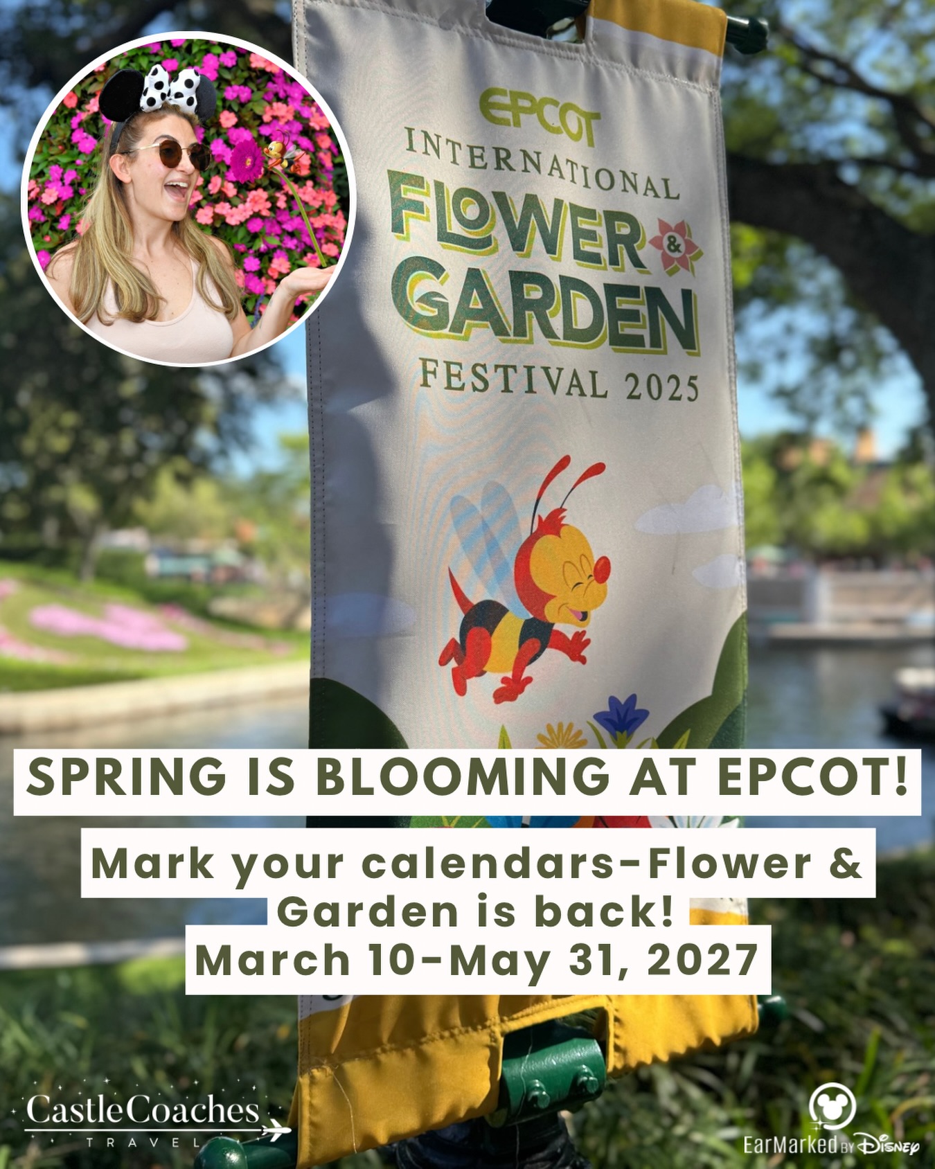 🌸 SPRING IS BLOOMING AT EPCOT! 🌸

🌷 March 10–May 31, 2027
🏰 2027 packages are booking now!

The EPCOT International Flower & Garden Festival returns Spring 2027, bringing one of the most beautiful time of year at Walt Disney World back to EPCOT! 🌷🌿

Flower & Garden completely transforms the park. Throughout the festival, you’ll find incredible Disney character topiaries, gorgeous gardens and floral displays, Outdoor Kitchens serving seasonal dishes and drinks, family-friendly activities, and live entertainment—including the popular Garden Rocks Concert Series.

It’s such a fun festival because there’s something around practically every corner. You can spend the day riding your favorite EPCOT attractions while stopping to explore the gardens, try dishes from the Outdoor Kitchens, take photos with the topiaries, and enjoy everything the festival adds to an already full park day.

🏰 And if you’re thinking about a spring 2027 Walt Disney World vacation, now is a great time to get it booked-especially with all of the new promotions Disney dropped today! And remember, you don’t need to wait for the perfect promotion to book. Getting your vacation on the books now secures the resort, room category, and dates you want. If a better eligible offer becomes available for your trip later, we’ll check availability and work to apply it to your existing reservation whenever possible.

Getting your spring vacation booked now means securing the resort, room category, and dates you want.

Ready to experience EPCOT in full bloom? Head to our stories for our quote request form or simply comment “BLOOM” below, and we’ll reach out to help you get started! 🌷