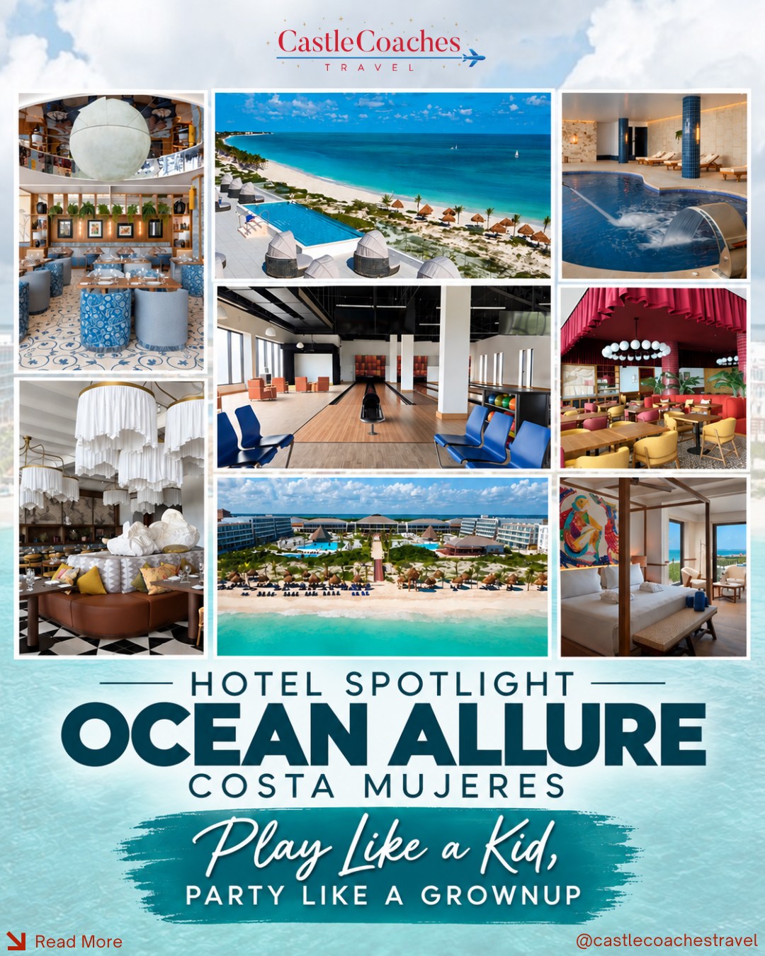 HOTEL SPOTLIGHT: Ocean Allure Costa Mujeres 🌴
📍 Costa Mujeres, Mexico — just north of Cancún

A lazy river, FlowRider AND a bowling alley… at an adults-only all-inclusive?! 👀 Say no more!

Meet Ocean Allure Costa Mujeres, an adults-only resort that  brings a little more fun to the traditional all-inclusive experience all while still feeling higher end. Originally designed as a family resort, it kept some pretty incredible amenities including:

🌊 Lazy river
🏄 FlowRider
🎳 Bowling alley
⛳ Virtual golf
🏓 Pickleball
🍕 Seriously good food
🛎️ 24-hour room service for everyone
🌴 A gorgeous Costa Mujeres beach

🏨 The Property
Modern, stylish, and packed with things to do, Ocean Allure Costa Mujeres is perfect for adults who want a gorgeous beach vacation without spending the entire trip just sitting by the pool.

Despite having 600 rooms and a full lineup of amenities, the resort feels surprisingly intimate and easy to navigate. Its U-shaped design keeps everything convenient, with the lobby and main amenities in the center, guest rooms on either side, and two pools framing a large courtyard that leads you straight to that beautiful Costa Mujeres beach.

What really caught our attention at Castle Coaches Travel is the personality of this resort. Instead of the neutral, ultra-minimal look that has become so common at newer luxury properties, Ocean Allure embraces vibrant colors and Mexican-inspired details throughout. It feels fresh, upscale and distinctive - but still FUN.

And with more than 80% of the rooms offering ocean views, you’re never far from a reminder that you’re in paradise. 🌊

Between the beach, pools, lazy river, FlowRider, bowling, pickleball, virtual golf, great dining and 24-hour room service, this is the kind of all-inclusive where you could easily spend a week and still wish you had another day.

Adults-only + all-inclusive + plenty to actually DO. Would you stay here? 👀 Ready to experience Ocean Allure for yourself? Reach out to Castle Coaches Travel for a personalized quote and let’s start planning your getaway! 🌴✈️

#OceanAllureCostaMujeres #CastleCoachesTravel #AdultsOnlyResort #AllInclusiveResort #MexicoTravel