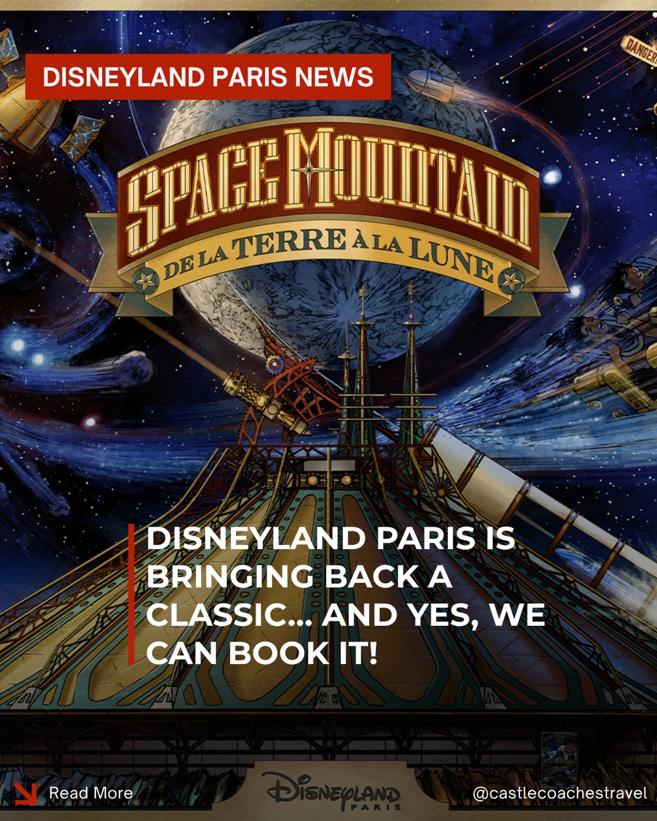 🚀 Space Mountain Is Getting a Classic Revival at Disneyland Paris! 🇫🇷✨

Disneyland Paris has announced that Hyperspace Mountain will be transformed back into Space Mountain: De la Terre à la Lune—the beloved Jules Verne-inspired version that made this attraction famous. Hyperspace Mountain will remain open through the end of 2027 to begin its reimagining.

When it reopens, guests can look forward to:
🌙 The return of the iconic Space Mountain name
🎼 The original musical score
🚀 A refreshed experience inspired by Jules Verne’s From the Earth to the Moon, bringing back the unique steampunk aesthetic that Disney fans have loved for years.

Many don’t realize that Disneyland Paris is an incredible and unique vacation destination—and yes, we can book it! 🇫🇷✨

At Castle Coaches Travel, we don’t just book Disneyland Paris vacation packages—we’ve experienced the magic ourselves, multiple times. That firsthand knowledge allows us to offer personalized recommendations, insider tips, and concierge-level planning to help you make the most of your visit. 
💬 Have you ever wanted to visit Disneyland Paris, or is it still on your Disney bucket list?

📲Reach out to a CCT agent today to get your next Disneyland Paris vacation booked!

#disneylandparís #d23 #castlecoachestravel #disneytripplanning #disneybucketlist