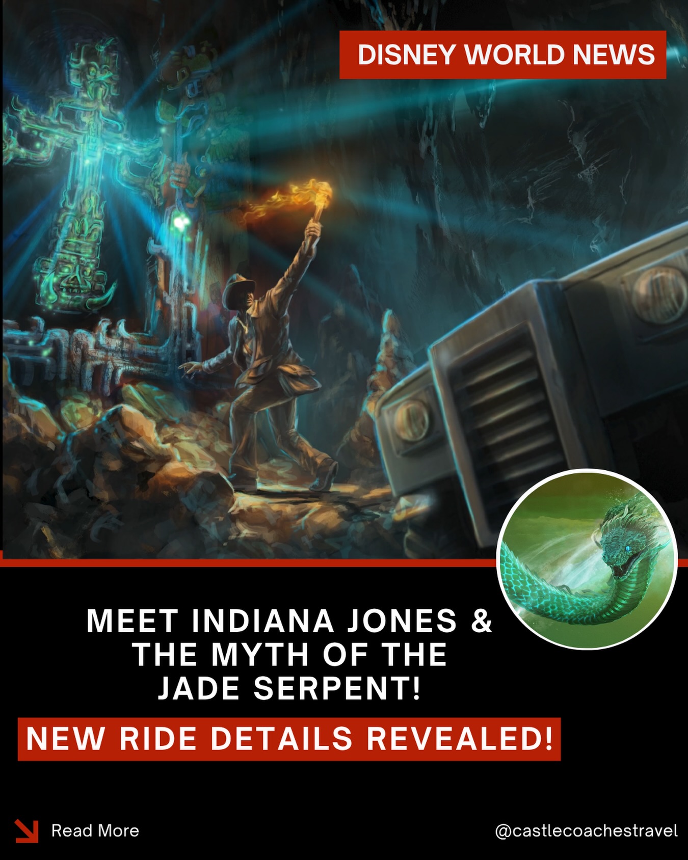 🤠 NEW Details Revealed for Disney World’s Indiana Jones Attraction! 🐍

Disney has officially pulled back the curtain on the all-new Indiana Jones attraction coming to Disney’s Animal Kingdom, and there’s a lot to be excited about!

The attraction’s official name is Indiana Jones and the Myth of the Jade Serpent, and it will open as part of the brand-new Tropical Americas land in 2027. (⁠Lucasfilm.com)

Here’s what Disney revealed at D23 2026:

🏛️ An all-new original story — This isn’t a copy of Disneyland’s Indiana Jones Adventure. It’s a completely new adventure created exclusively for Walt Disney World. (⁠Disney Experiences)

🐍 The story — Indiana Jones is exploring an ancient Maya temple near a long-forgotten cenote. According to local legend, a hidden passage leads to the Mayan underworld, where the mythical Jade Serpent (Tsukán) stands guard. Guests will join Indy on an expedition that quickly goes off the rails. (⁠Lucasfilm.com)

🦂 Expect plenty of thrills — Disney confirmed you’ll encounter giant scorpions, bats, snakes, and other dangers as you race through the mysterious temple. (⁠Undercover Tourist)

🎬 Harrison Ford is joining the adventure! For the first time ever in a Disney attraction, the Audio-Animatronic of Indiana Jones will be modeled after Harrison Ford himself, bringing the legendary adventurer to life like never before. (⁠Lucasfilm.com)

🌿 The attraction will be one of the signature experiences inside Tropical Americas, the new land replacing DinoLand U.S.A. and also home to Antonio’s Fiesta de Encanto, El Carrusel de los Animalitos, new dining, shopping, and more—all arriving in 2027. (⁠Disney Experiences)

✨ Reach out to a Castle Coaches Travel agent today to get your next Walt Disney World vacation booked! Whether you’re planning your next trip or looking ahead to experience Tropical Americas in 2027, we’re here to help make your Disney vacation unforgettable.

#CastleCoachesTravel #WaltDisneyWorld #IndianaJones #AnimalKingdom #d23