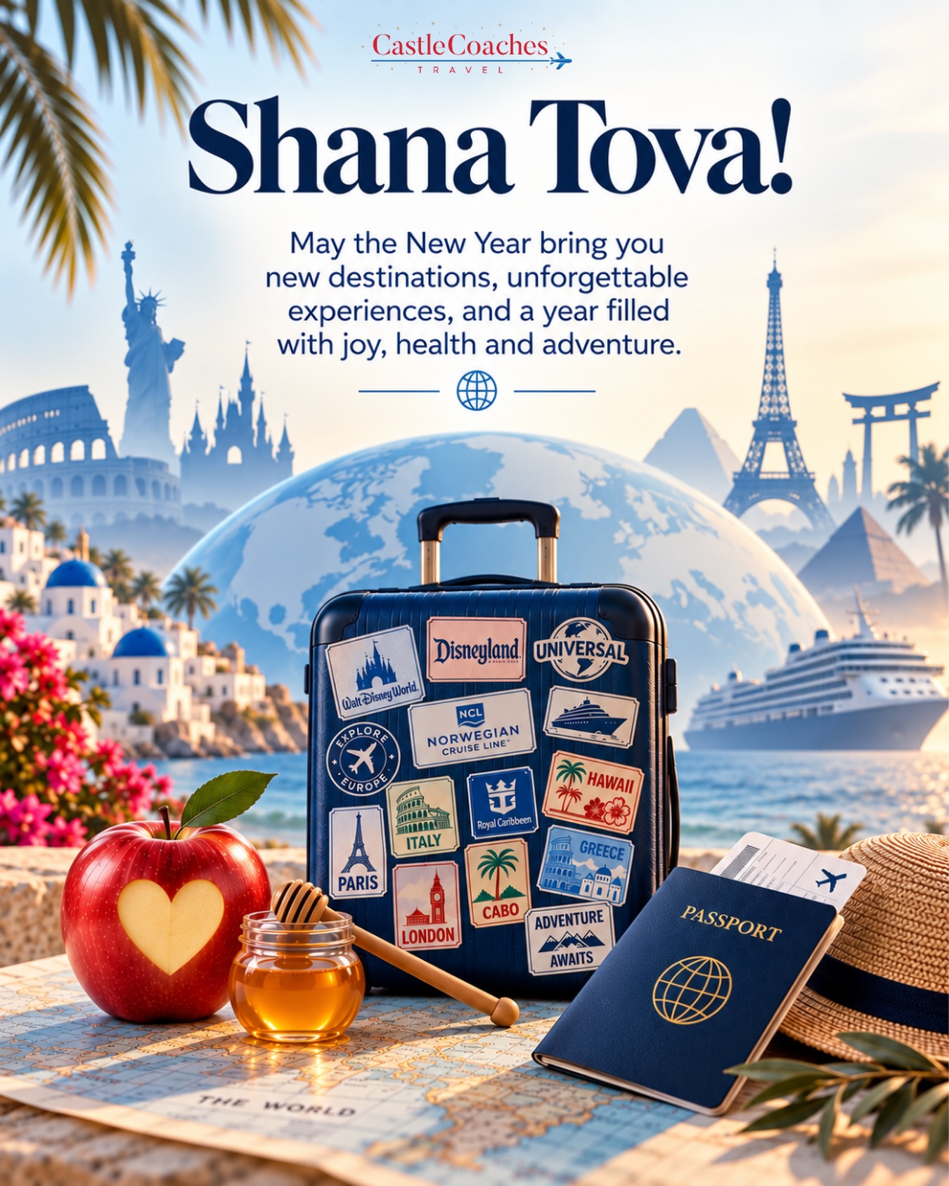 Shana Tova to all those who celebrate! 🍎🍯

May the New Year bring you sweetness, joy, good health, and plenty of new destinations to discover. Here’s to unforgettable experiences, new adventures, and beautiful memories made around the world in the year ahead. ✈️🌎

Wishing you and your loved ones a sweet and happy New Year from all of us at Castle Coaches Travel!♥️